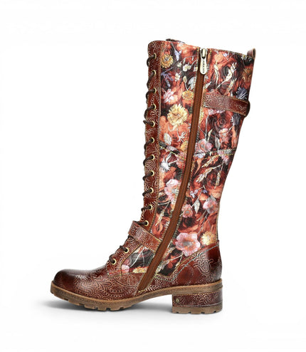 Laura Vita Women's Victorian Floral Maroon Leather High Lace-Up Long Boots - Cocrailo-82