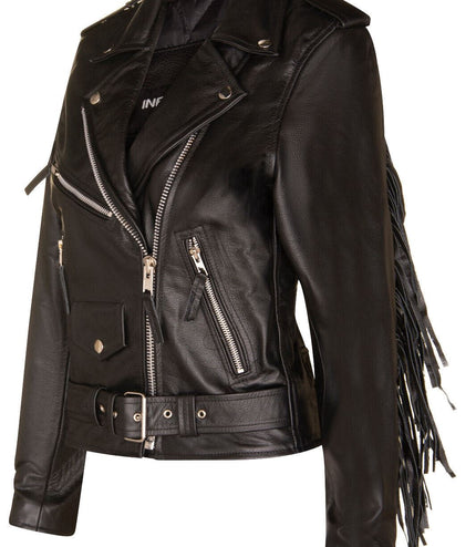 Women's Black FRINGE Leather Brando TASSELED Motorcycle Cow Hide Biker Jacket