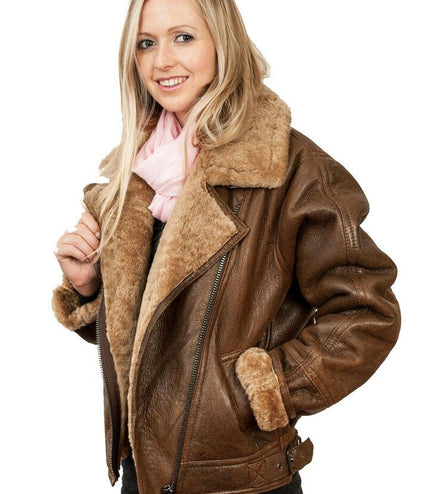 Womens B3 Sheepskin Leather Flying Jacket-Bergamo - Brown Ginger