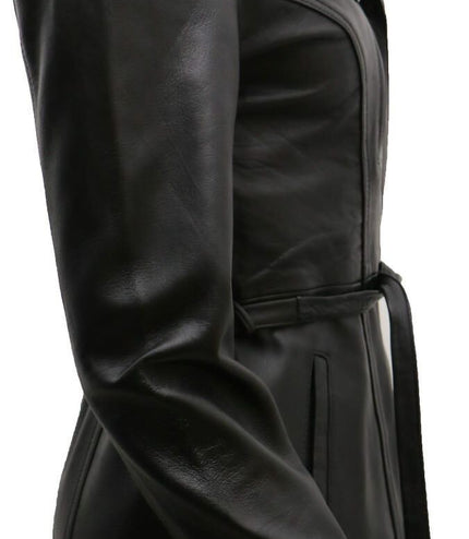 Womens Leather Long Biker Jacket-Muscat - Black