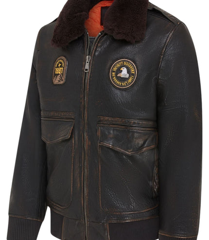 Men's Leather Bomber Sheepskin Collar G-1 Aviator Jacket - Linear - Black