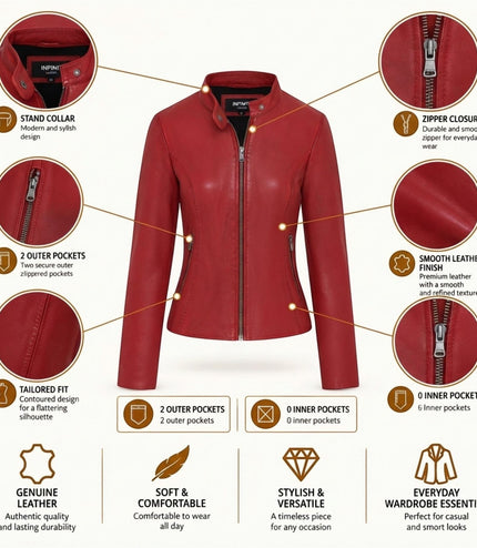 Womens Red Leather Stand Collar Racer Biker Jacket - 181