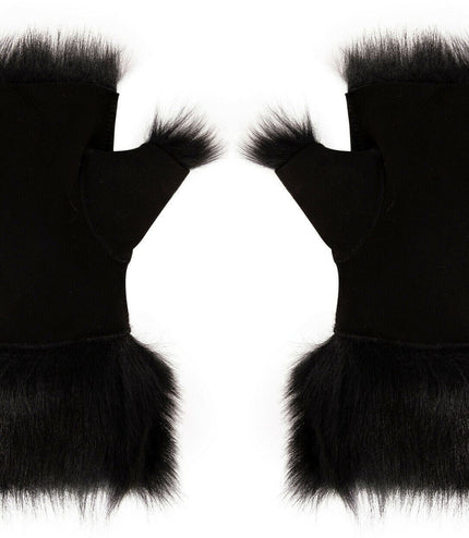 Womens Shearling  Mittens Fingerless Cuffs Toscana Suede Sheepskin Fur - Black