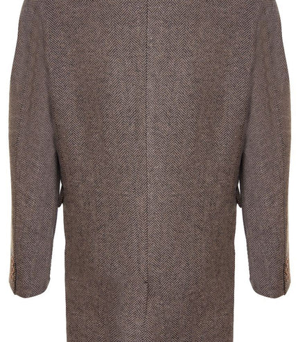 Mens 3/4 Brown Long Overcoat Jacket Herringbone Tweed Coat Peaky Blinder