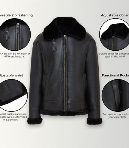 Mens B3 Aviator Real Sheepskin Leather Flying Jacket-Hobart - Black