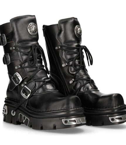 New Rock Unisex Black Leather Gothic Mid-Calf Boots - 373-S4