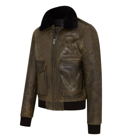 Mens Brown Leather Aviator Bomber Jacket - Lunar