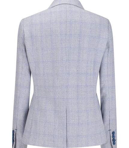 Womens Blue Check Blazer Wool Blend Herringbone Tweed