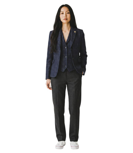 Women's Navy 2 Piece Check Formal Tweed Blazer & Waistcoat Set - TPSTZ-7
