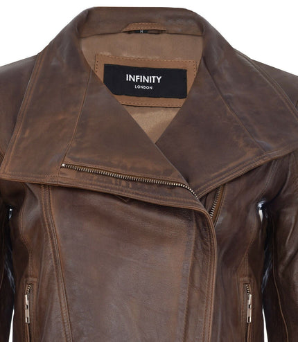 Womens Leather Shawl Wrap Biker Jacket - Riga - Brown