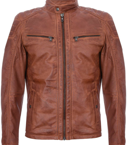 Mens Leather Jacket Vintage Quilted Retro Racing Zipped Biker - San Marino - Tan