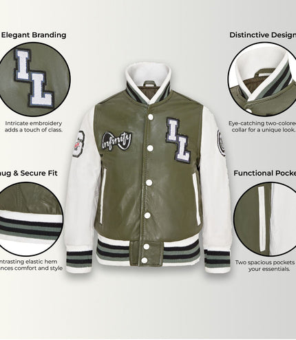 Kids Green Letterman Leather Varsity College Bomber Jacket