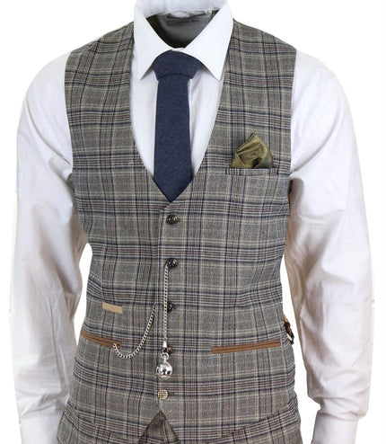 Mens 3 Piece Tan Brown Herringbone Check Suit