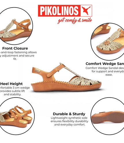 Pikolinos Women's Tan Green Leather Cushioned Wedge Sandal Shoes - P-Vallarta
