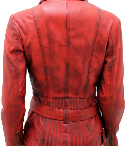 Womens Long Leather Biker Jacket-Quito - Red