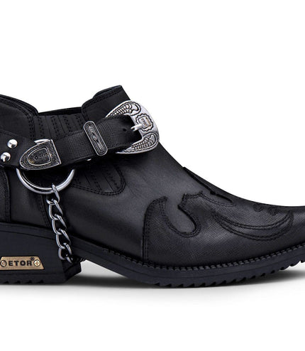 Men's Black Leather Metal Chain Winklepicker Cowboy Boots
