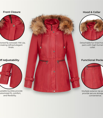Womens Warm Leather Hooded Parka Jacket-Northwich - Red