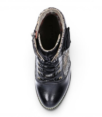 Laura Vita Women’s Black Leather Floral Heeled Lace-Up Boots - Alcbaneo 173