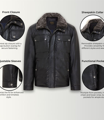 Men's Lamb Leather Puffer Bomber Warm Biker Jacket - Black