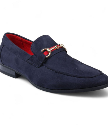 Men's Navy Suede Loafers with Gold Buckle Slip-On Dress Shoes