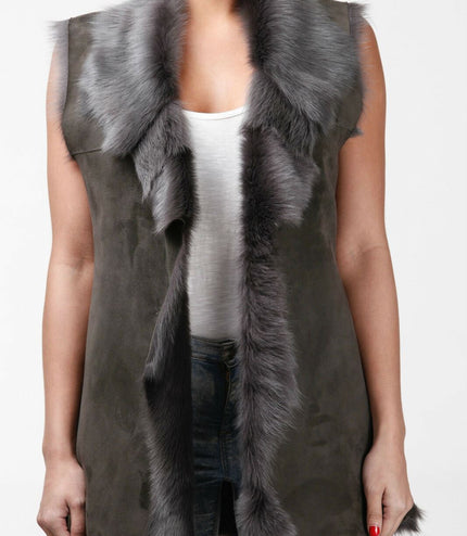 Women's Toscana Sheepskin Long Gilet-Sorocaba - Grey