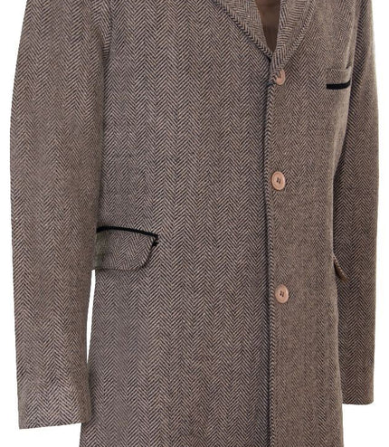 Mens 3/4 Brown Long Overcoat Jacket Herringbone Tweed Coat Peaky Blinder