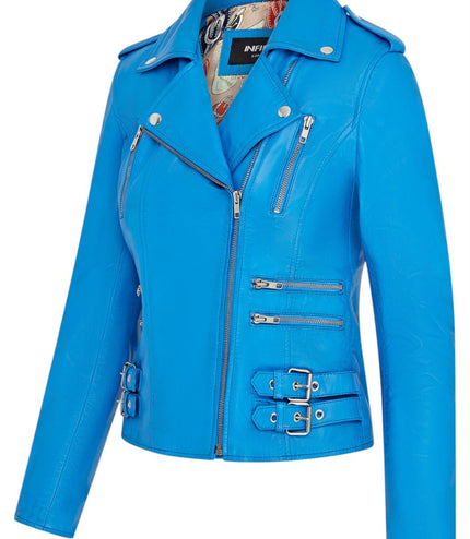 Womens Leather Brando Biker Jacket-Orlando - Blue
