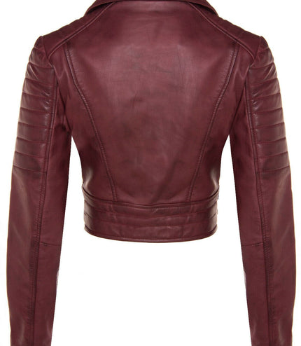 Womens Cropped Brando Leather Biker Jacket-Damascus - Burgundy