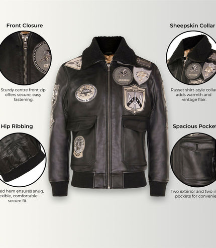 Mens A2 Top Gun Leather Bomber Jacket-Camborne - True Black