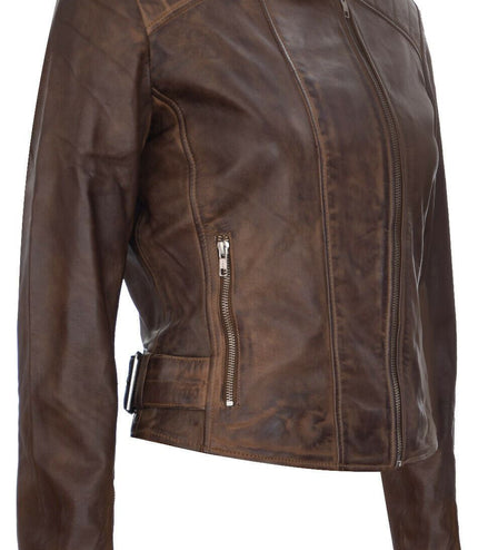 Womens Leather Biker Jacket-Celaya - Brown