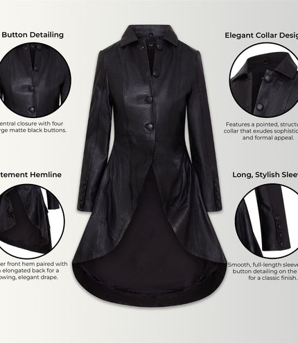 Womens Gothic Full Length Leather Coat Victorian Flare Goth Punk - Black