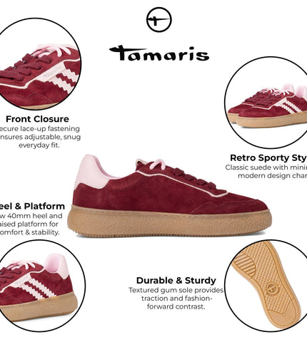 Tamaris Womens Merlot Burgundy Red Leather Fashion Stripe Lace Up Sneakers