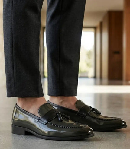 Mens Olive Tassel High-Gloss Patent Faux Leather Formal Loafers Shoes