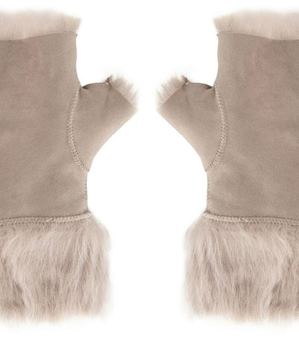 Womens Shearling  Mittens Fingerless Cuffs Toscana Suede Sheepskin Fur - Light Grey