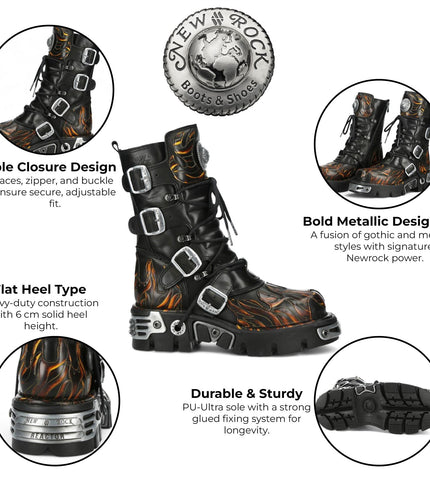 New Rock M-591-C58 Mid-Calf High Black Flame Leather Metallic Gothic Boots