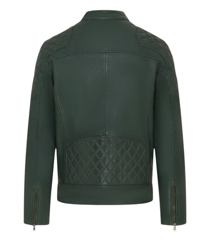 Mens Green Leather Quilted Shoulder Biker Jacket - Rock