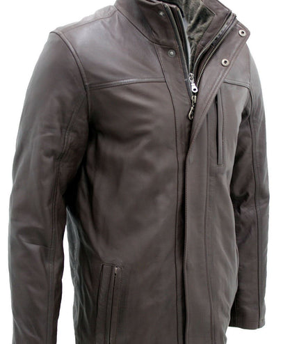 Mens Leather Mid Length Coat-Hanoi - Brown