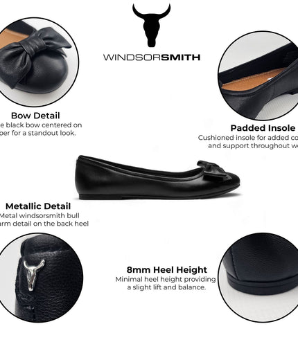 Windsorsmith Womens Black Leather Flat Shoes With Bow - Bunny