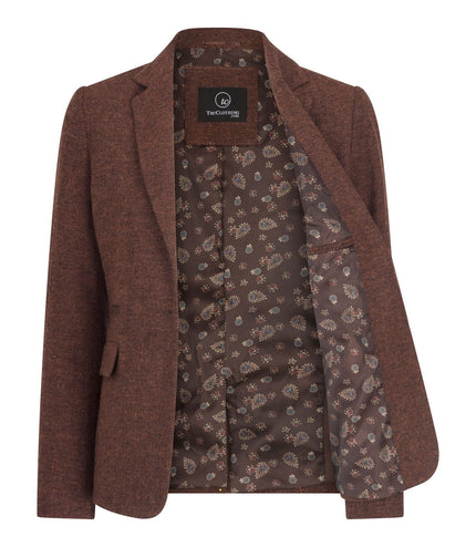Women's Rust Brown Herringbone Wool Tweed Check Blazer