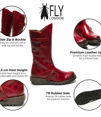 Fly London Womens Red Mes 2 Wedge Heel Buckle Mid-Calf Leather Zip Platform Boots