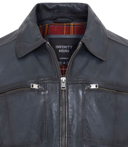 Men's Vintage Classic Short Soft Leather Biker Jacket - Navy