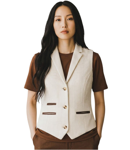 Women's Cream Herringbone Wool Tweed Check Tailored Waistcoat - WS-1