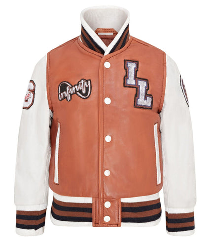 Kids Tan Letterman Leather Varsity College Bomber Jacket