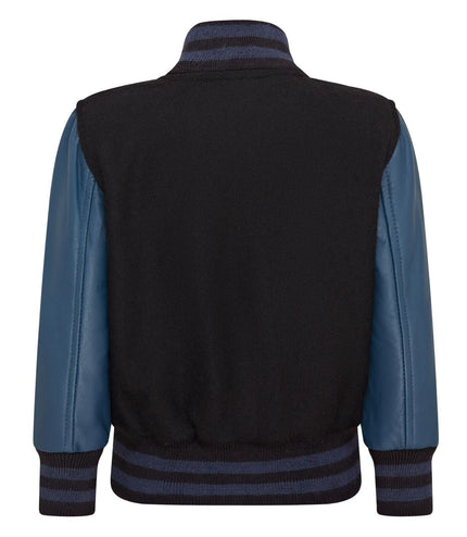 Kids Wool Varsity Black Bomber Jacket with Real Leather Sleeves