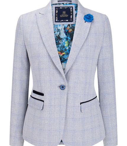 Womens Blue Check Blazer Wool Blend Herringbone Tweed