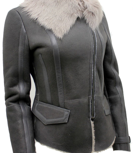 Womens Grey Toscana Shearling Flying Jacket-Teresina
