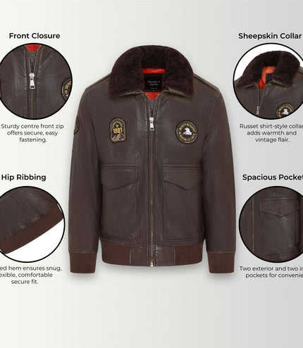 Men's Leather Bomber Sheepskin Collar G-1 Aviator Jacket - Linear - Brown