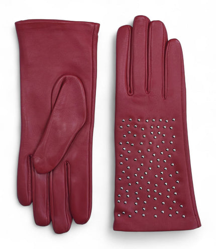 Womens Red Italian Leather Winter Studded Design Soft Wool Lining Gloves - L-GLV-601