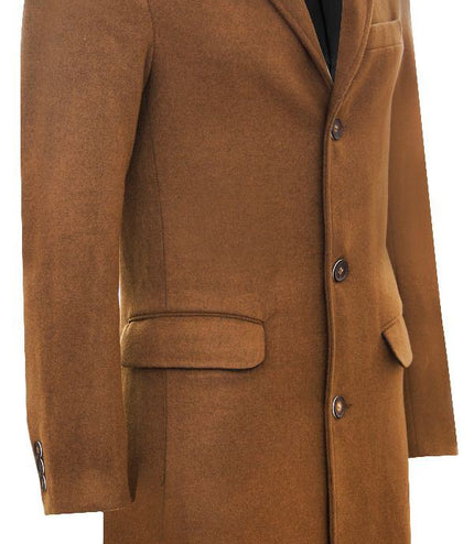 Men's Long Brown Wool Slim Fit Overcoat