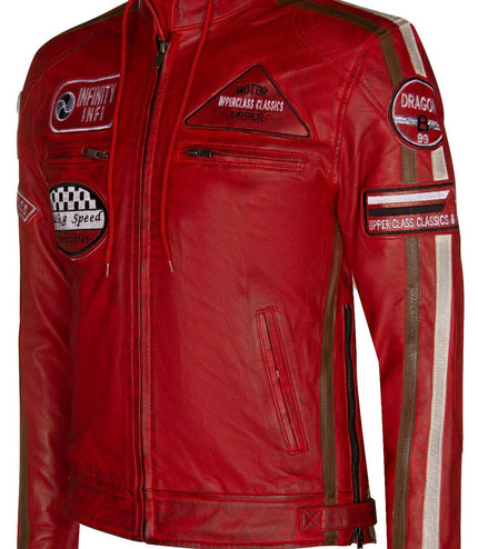 Mens Racing Hooded Leather Biker Jacket-Detroit - Red